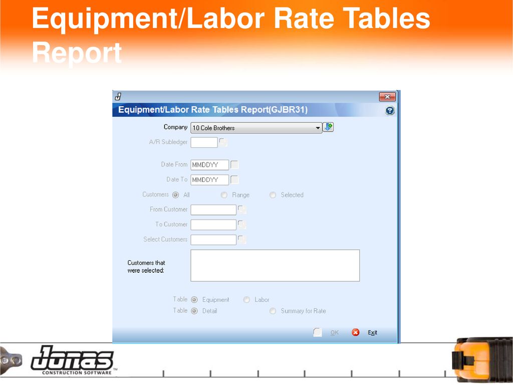 Equipment/Labor Rate Tables Report