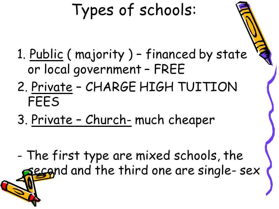 Types of schools: 1. Public ( majority ) – financed by state or local government – FREE. 2. Private – CHARGE HIGH TUITION FEES.