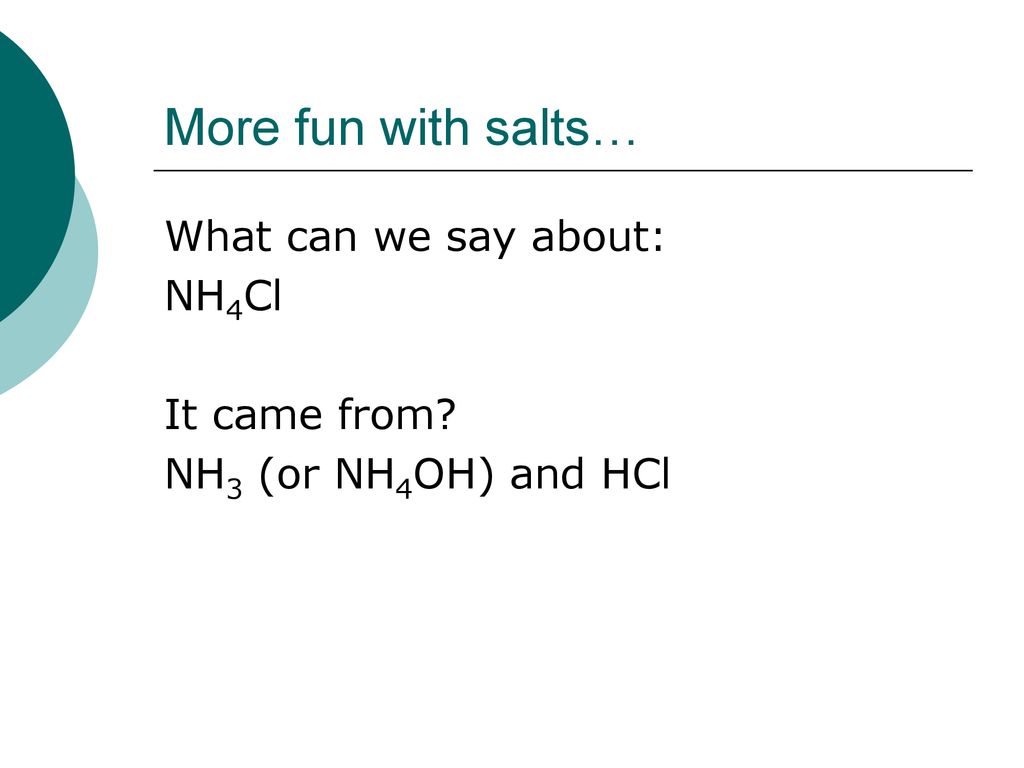 More fun with salts… What can we say about: NH4Cl It came from