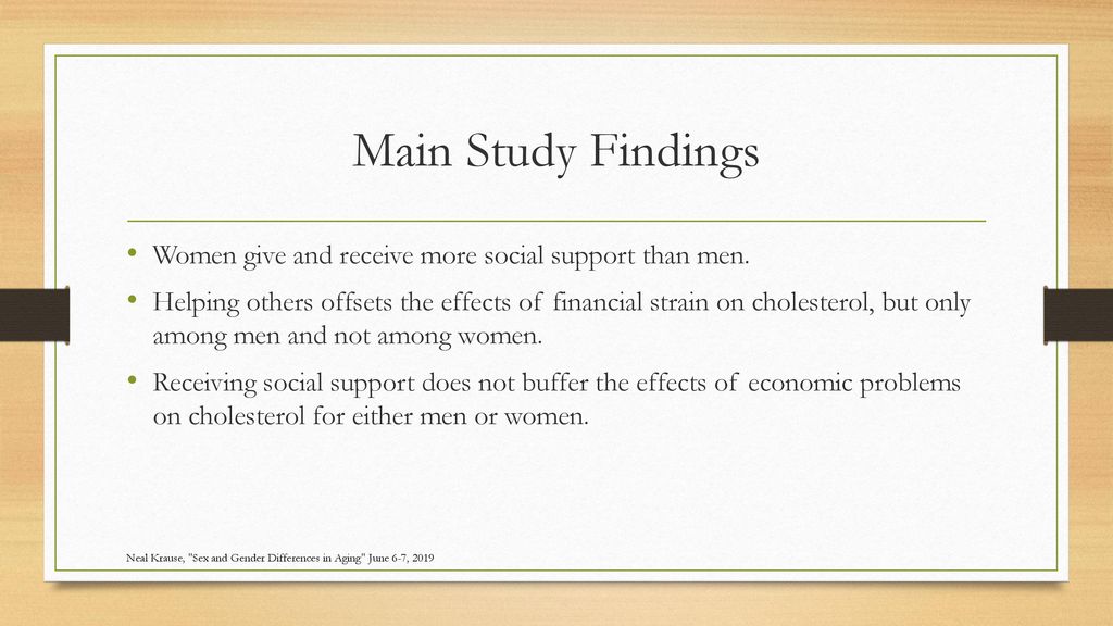 Main Study Findings Women give and receive more social support than men.