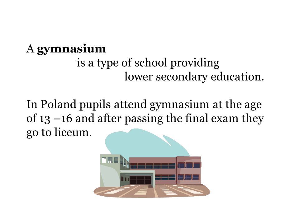 A gymnasium is a type of school providing lower secondary education