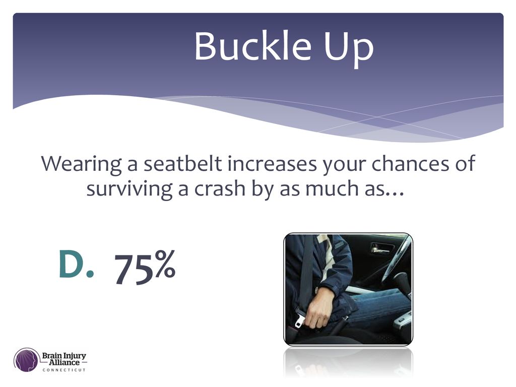 Buckle Up Wearing a seatbelt increases your chances of surviving a crash by as much as… D. 75% Demonstrate proper fit of seat belts.