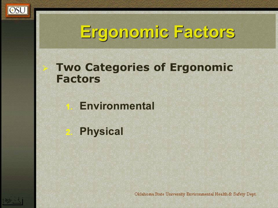 Ergonomic Factors Two Categories of Ergonomic Factors Environmental