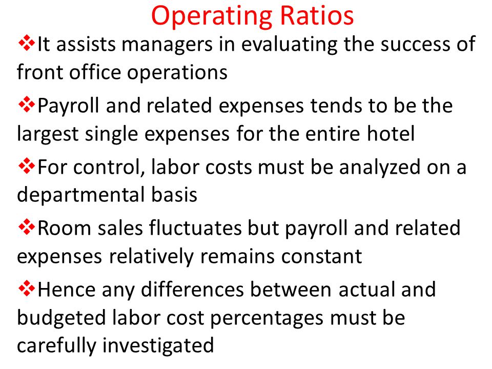 Operating Ratios It assists managers in evaluating the success of front office operations.