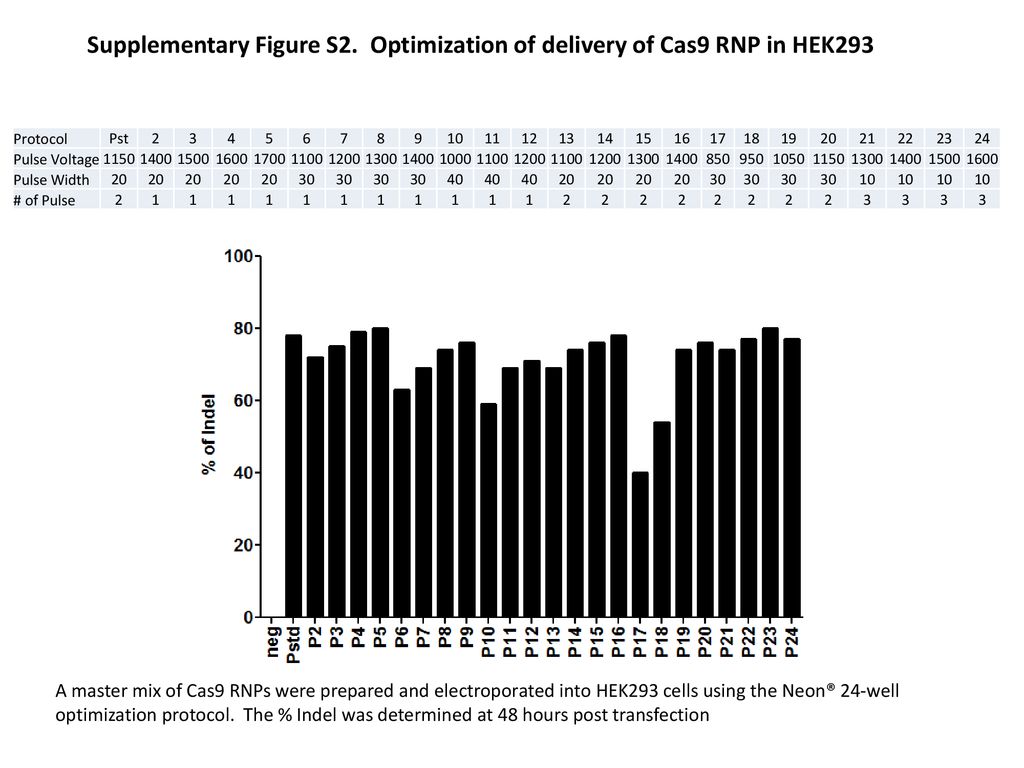 Supplementary Figure S2. Optimization of delivery of Cas9 RNP in HEK293