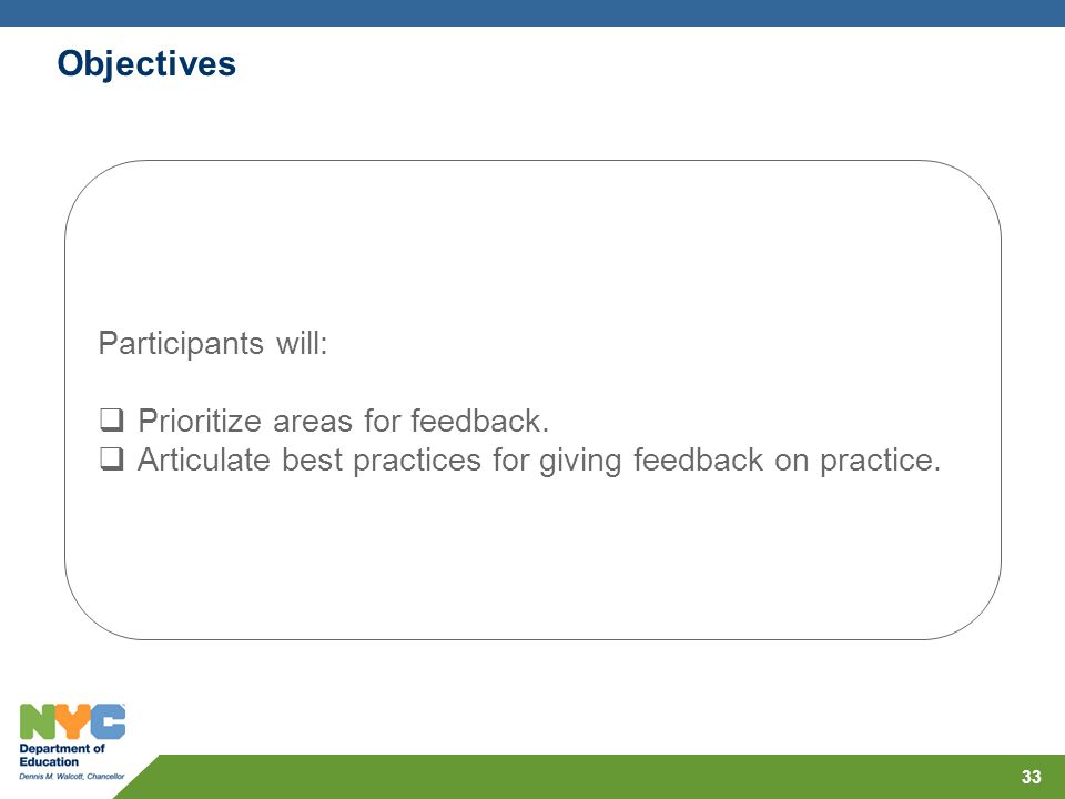 Objectives Participants will: Prioritize areas for feedback.