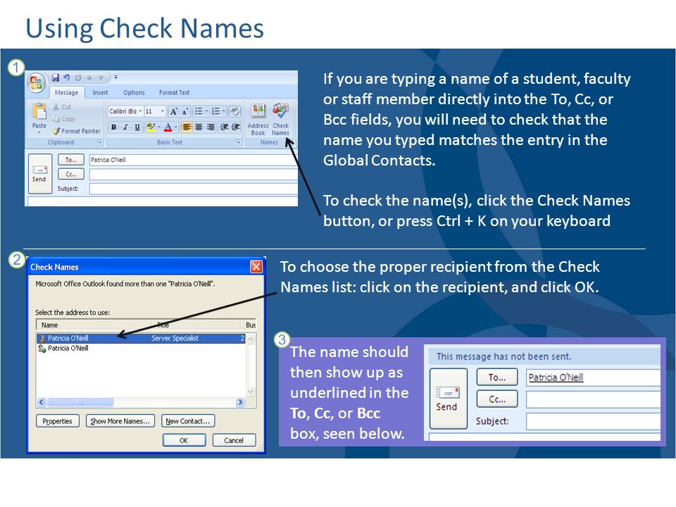 Using Check Names If you are typing a name of a student, faculty