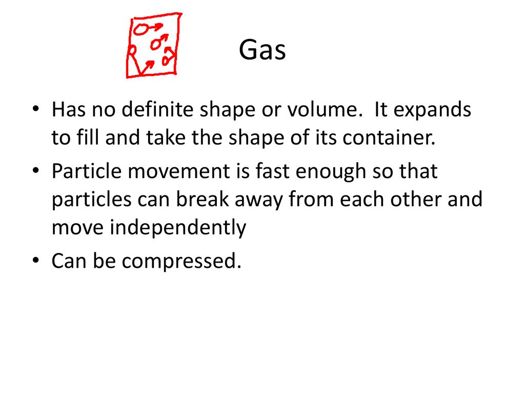 Gas Has no definite shape or volume. It expands to fill and take the shape of its container.