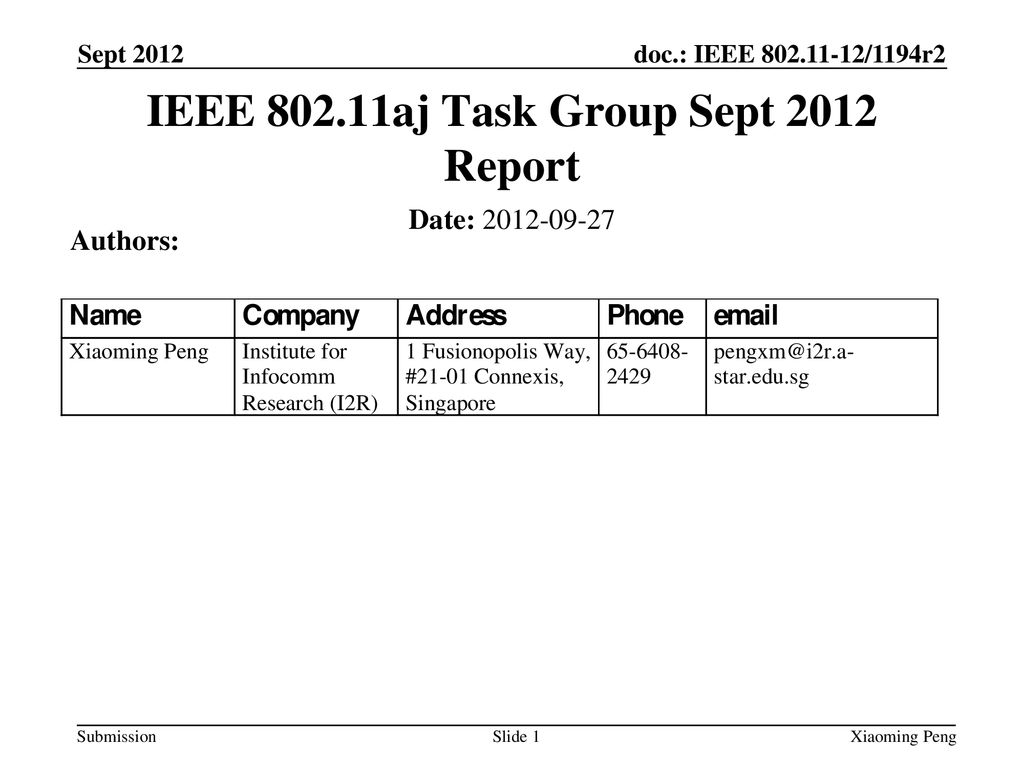 IEEE aj Task Group Sept 2012 Report