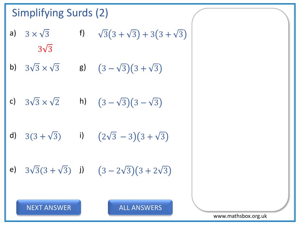 Simplifying Surds 2 A 3 3 F B 3 3 3 G Ppt Download