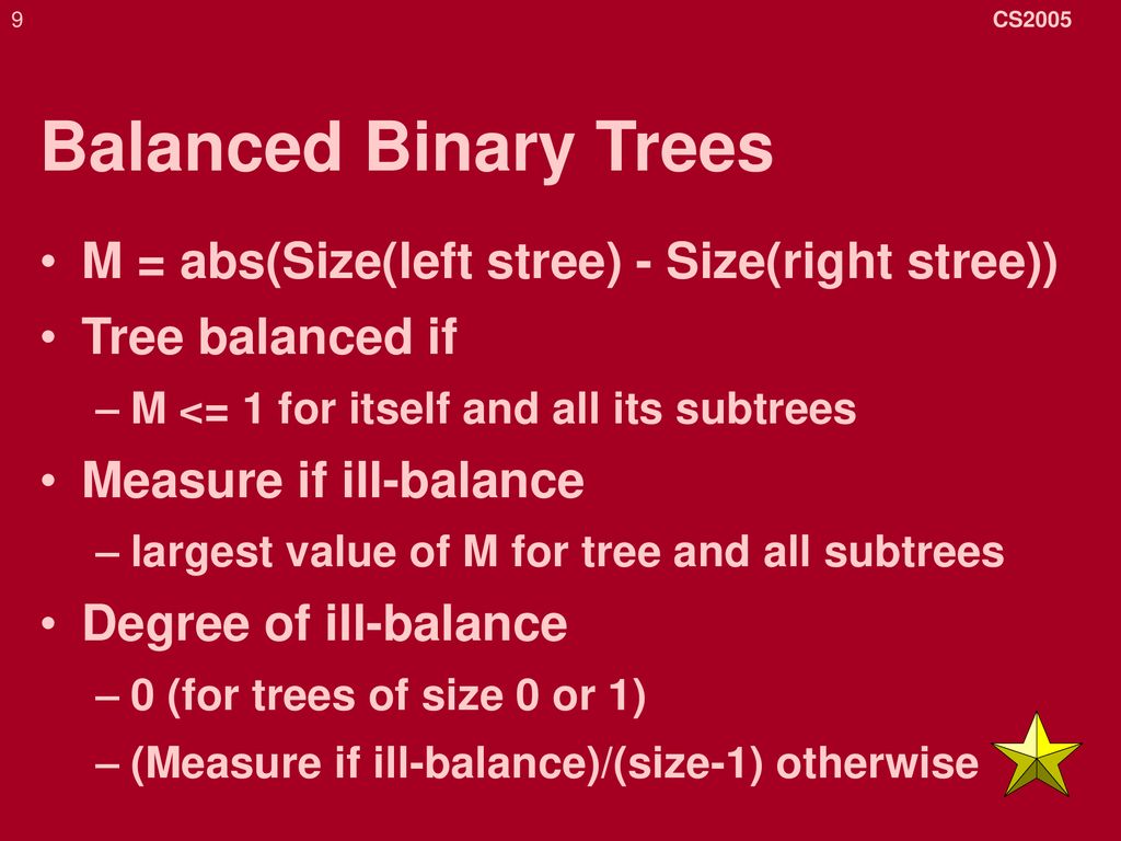 Balanced Binary Trees M = abs(Size(left stree) - Size(right stree))