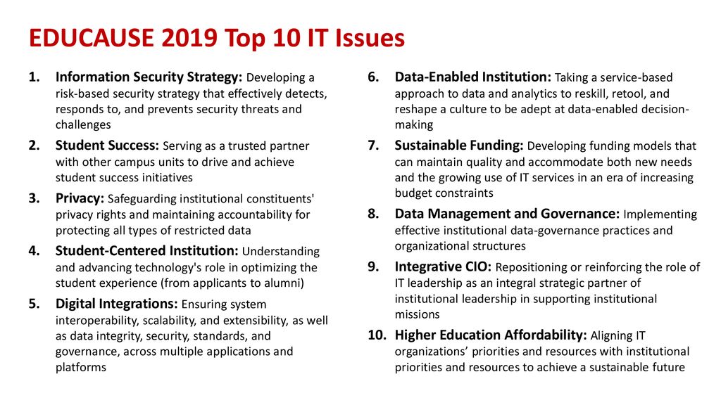 The EDUCAUSE 2019 Top 10 IT Issues ppt download