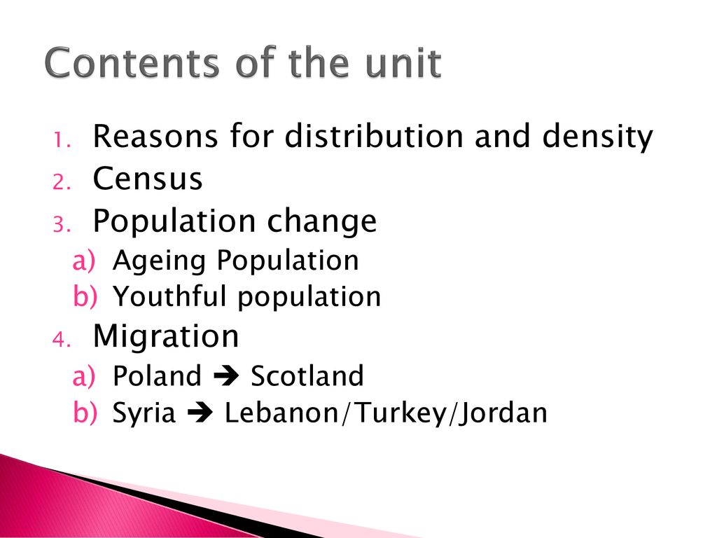 Contents of the unit Reasons for distribution and density Census