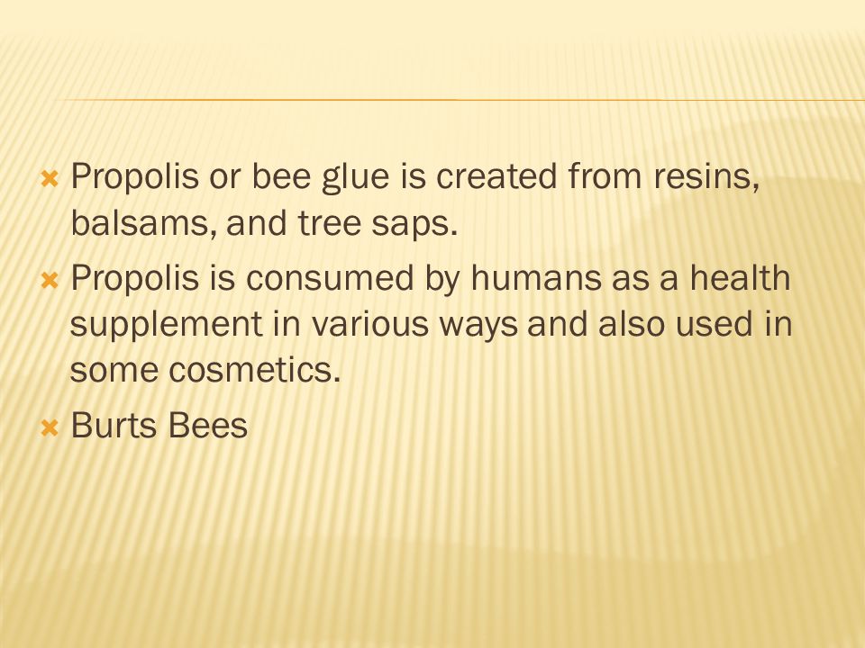 Propolis or bee glue is created from resins, balsams, and tree saps.