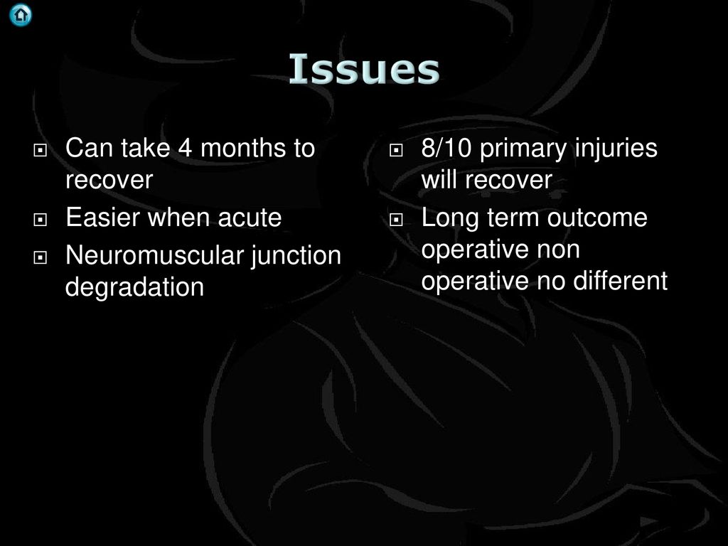 Issues Can take 4 months to recover Easier when acute