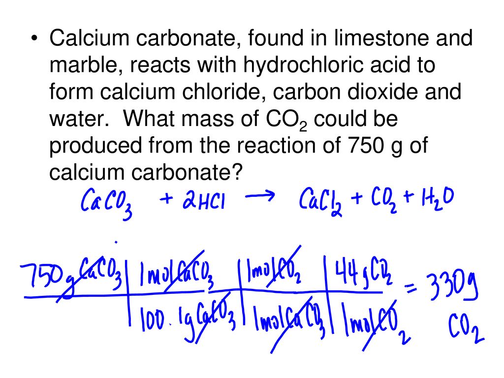 Calcium Carbonate Found In Limestone And Marble Reacts With Hydrochloric Acid To Form Calcium Chloride Carbon Dioxide And Water What Mass Of Co2 Could Ppt Download