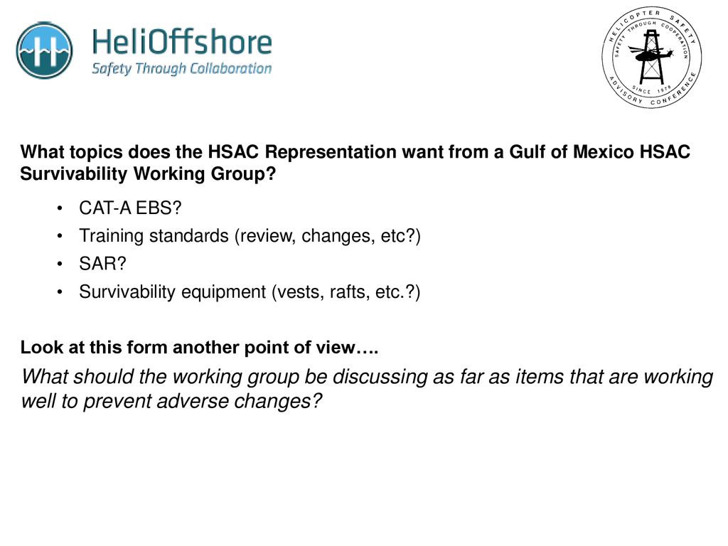 What topics does the HSAC Representation want from a Gulf of Mexico HSAC Survivability Working Group