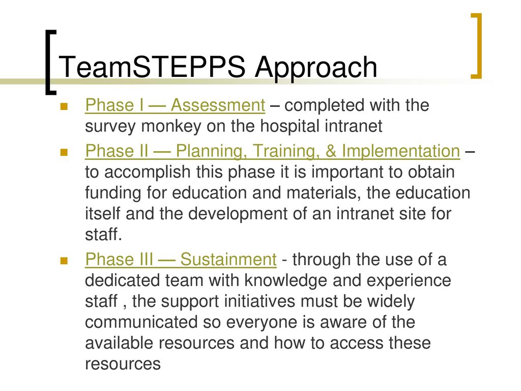 TeamSTEPPS Approach Phase I — Assessment – completed with the survey monkey on the hospital intranet.