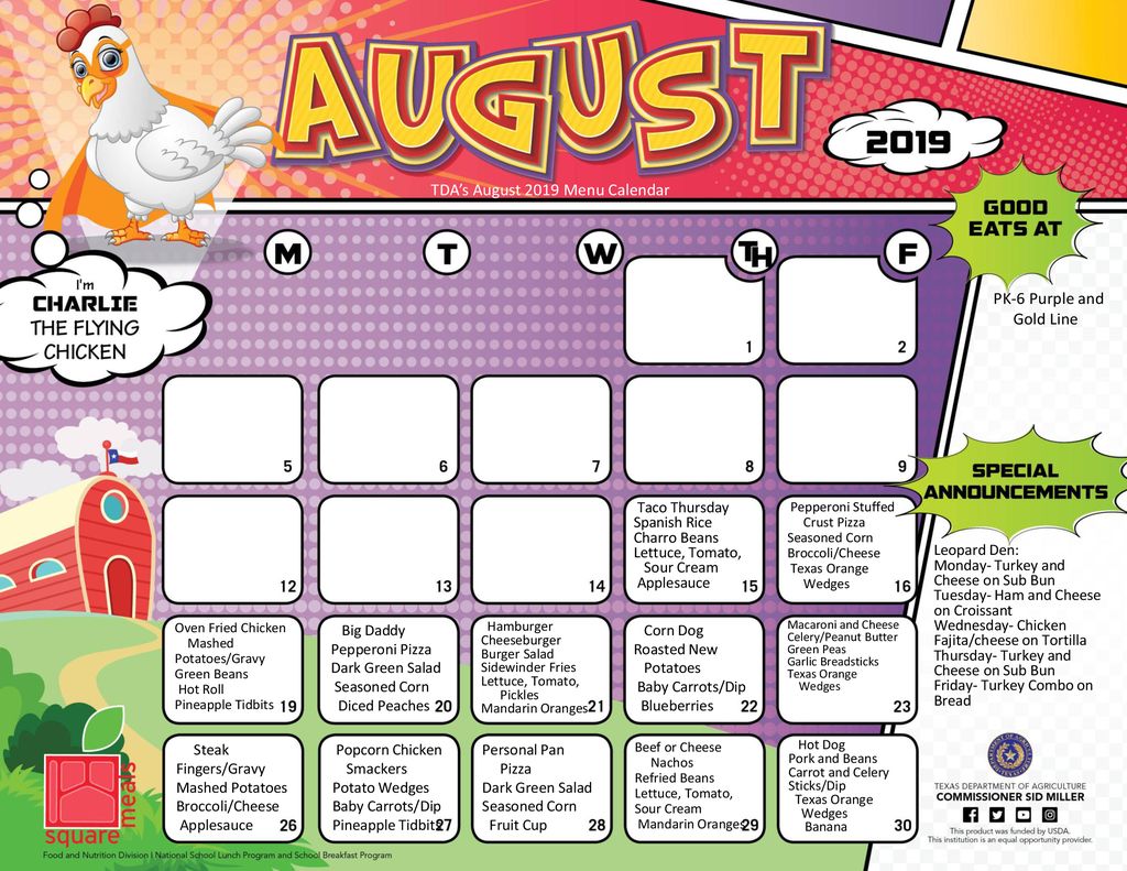 TDA’s August 2019 Menu Calendar