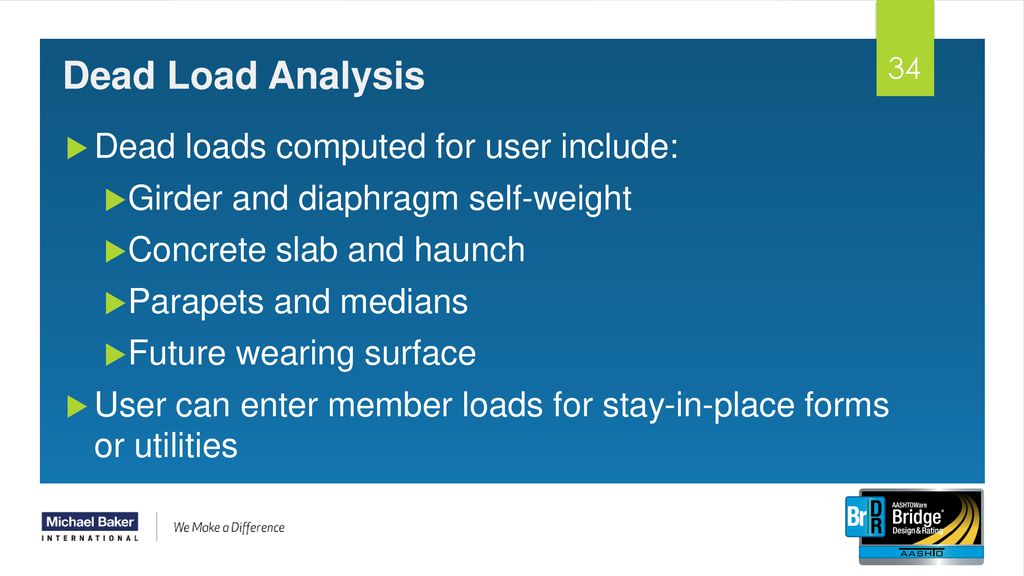 Dead Load Analysis Dead loads computed for user include: