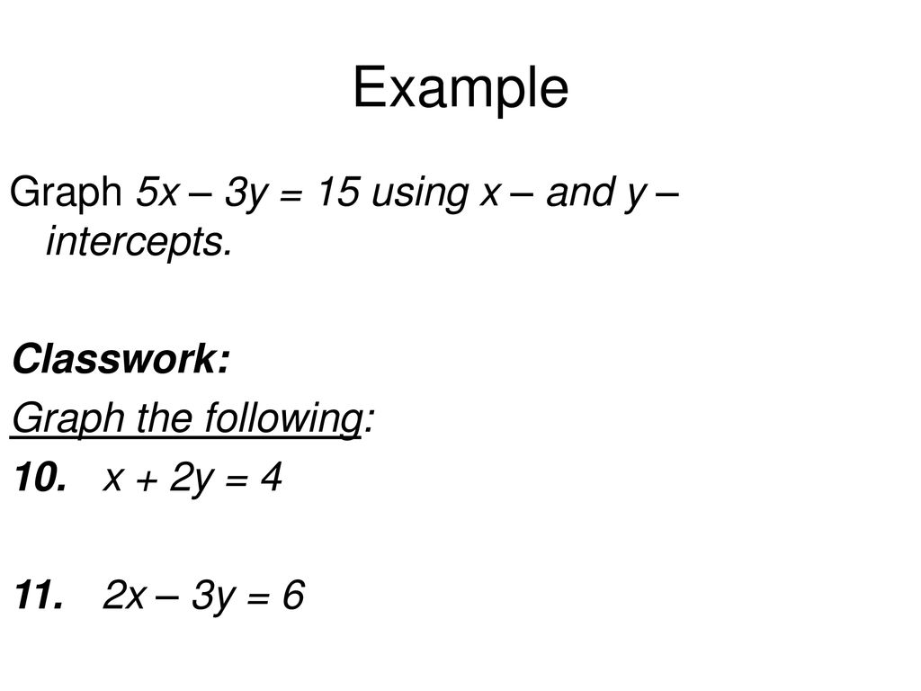 Example Graph 5x – 3y = 15 using x – and y – intercepts. Classwork: