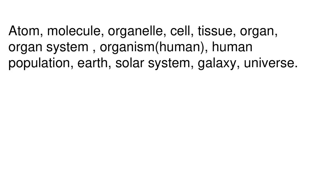 Atom, molecule, organelle, cell, tissue, organ, organ system , organism(human), human population, earth, solar system, galaxy, universe.
