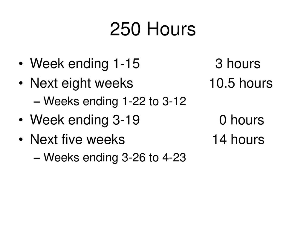 250 Hours Week ending hours Next eight weeks 10.5 hours