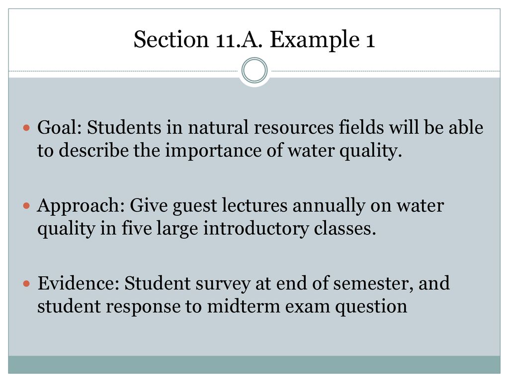 Section 11.A. Example 1 Goal: Students in natural resources fields will be able to describe the importance of water quality.
