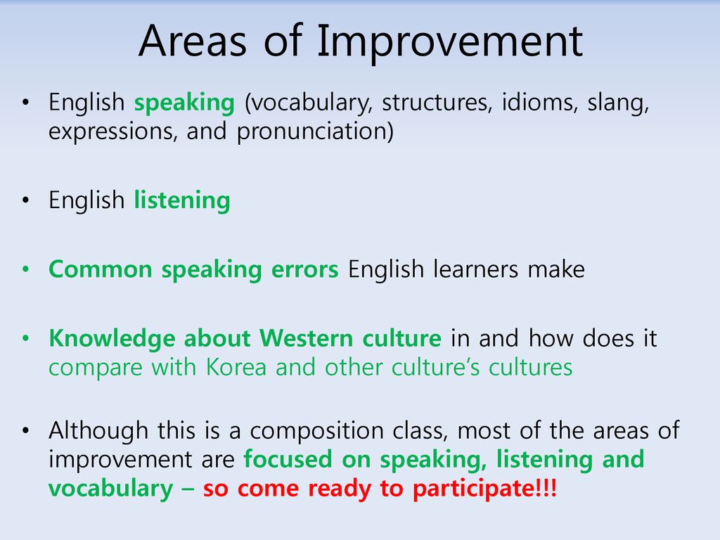 Areas of Improvement English speaking (vocabulary, structures, idioms, slang, expressions, and pronunciation)