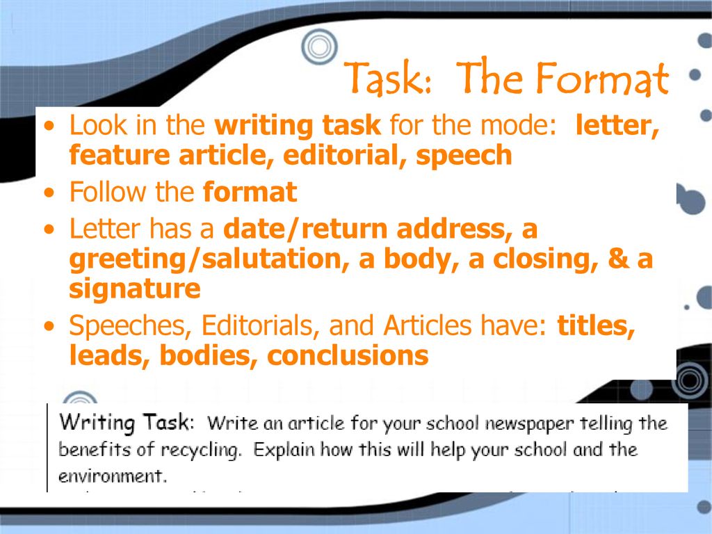 Task: The Format Look in the writing task for the mode: letter, feature article, editorial, speech.
