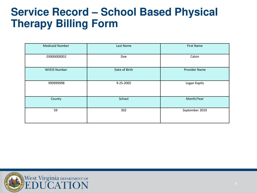Service Record – School Based Physical Therapy Billing Form