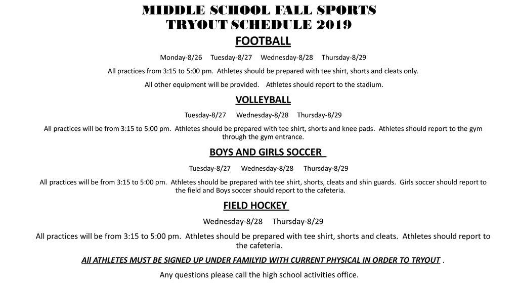 Middle school fall sports tryout schedule ppt download