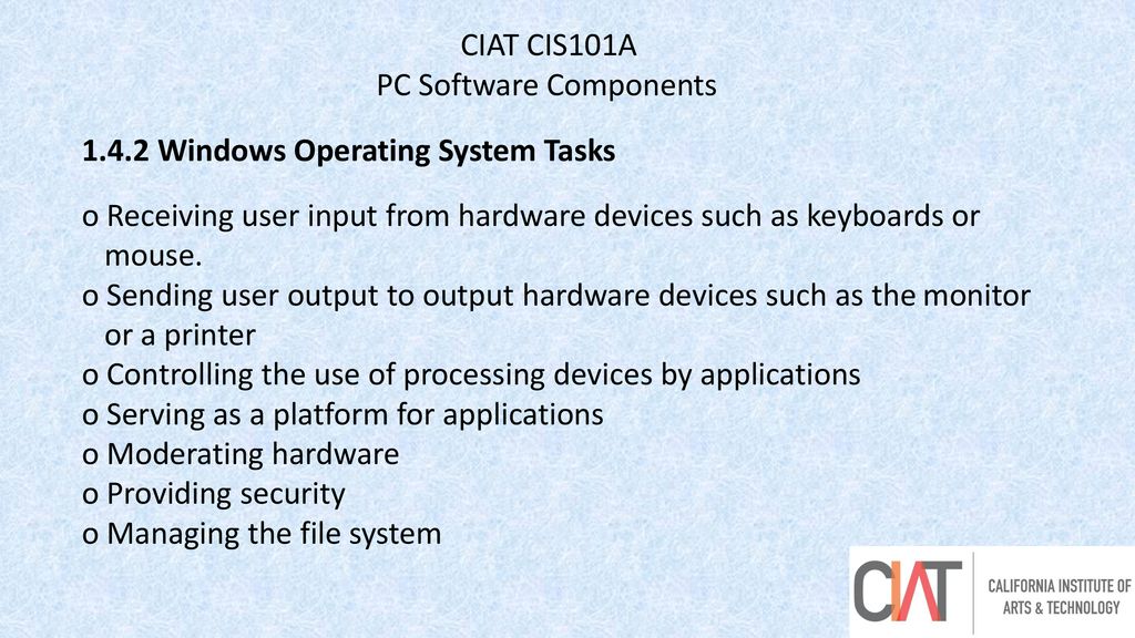 CIAT CIS101A PC Software Components Windows Operating System Tasks.