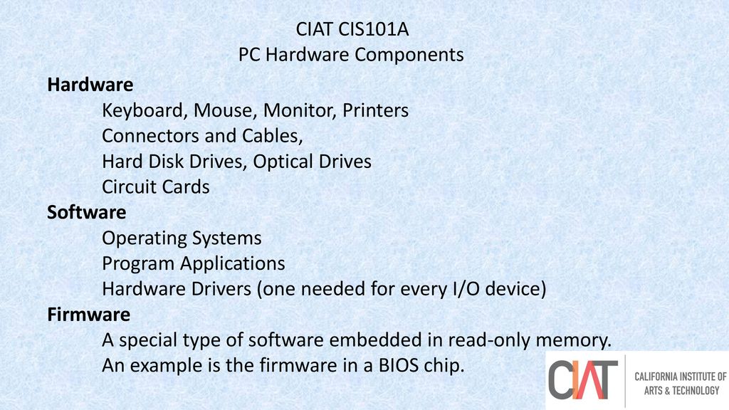 CIAT CIS101A PC Hardware Components. Hardware. Keyboard, Mouse, Monitor, Printers. Connectors and Cables,