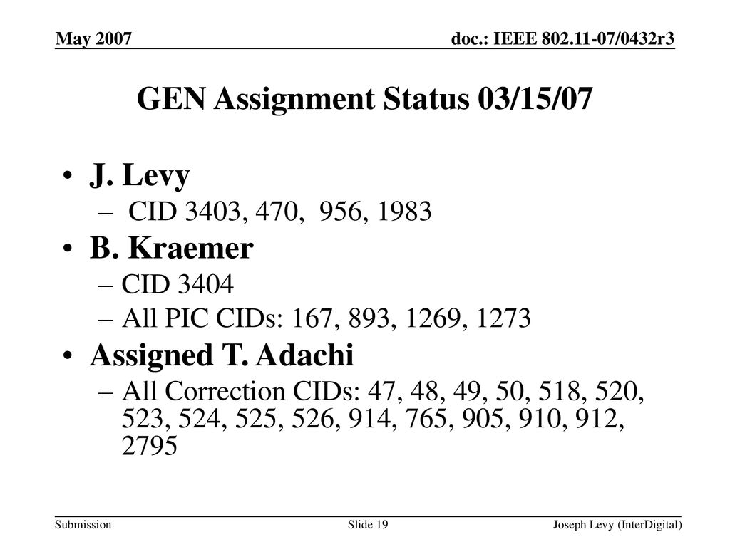 GEN Assignment Status 03/15/07