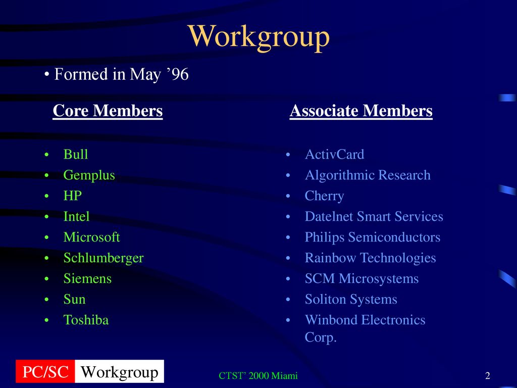 Workgroup Formed in May ’96 Core Members Associate Members Bull