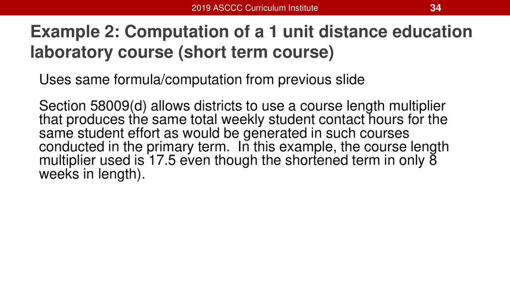 Example 2: Computation of a 1 unit distance education laboratory course (short term course)