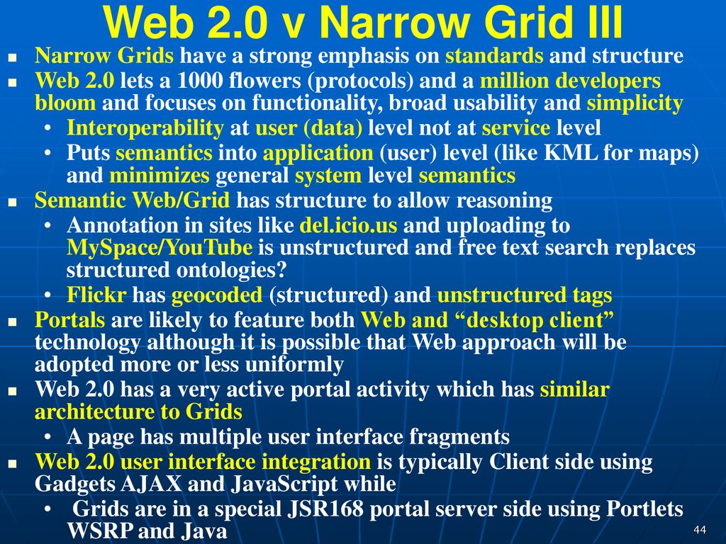 Web 2.0 v Narrow Grid III Narrow Grids have a strong emphasis on standards and structure.