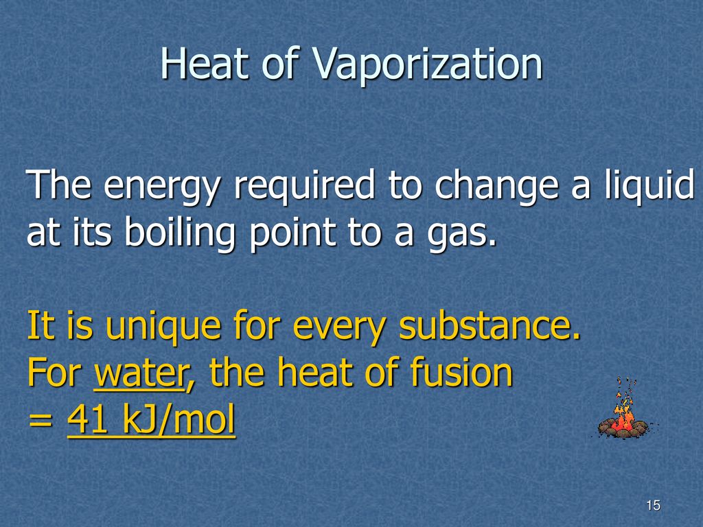 Heat of Vaporization The energy required to change a liquid at its boiling point to a gas. It is unique for every substance.