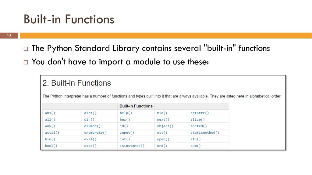Built-in Functions The Python Standard Library contains several built-in functions.