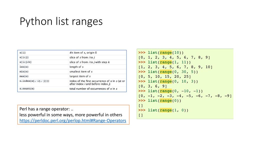 Python list ranges Perl has a range operator: ..