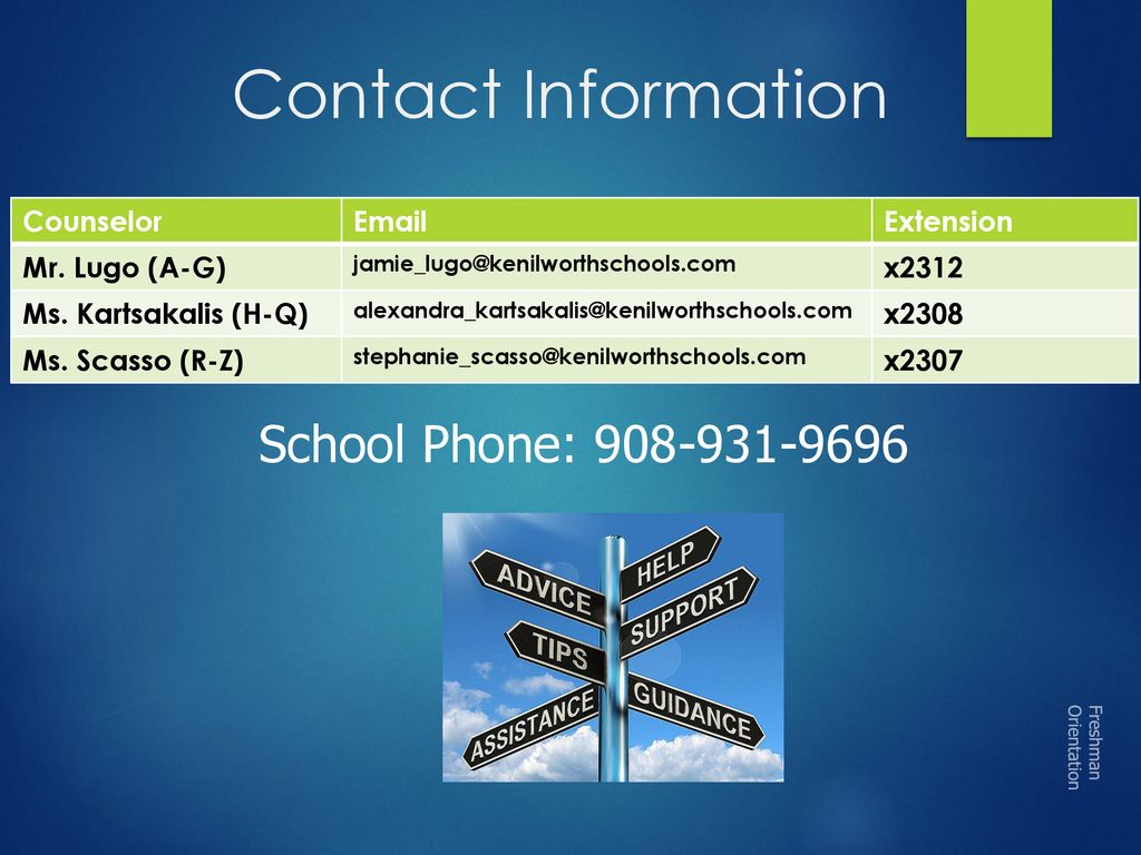 Contact Information Counselor.  . Extension. Mr. Lugo (A-G)
