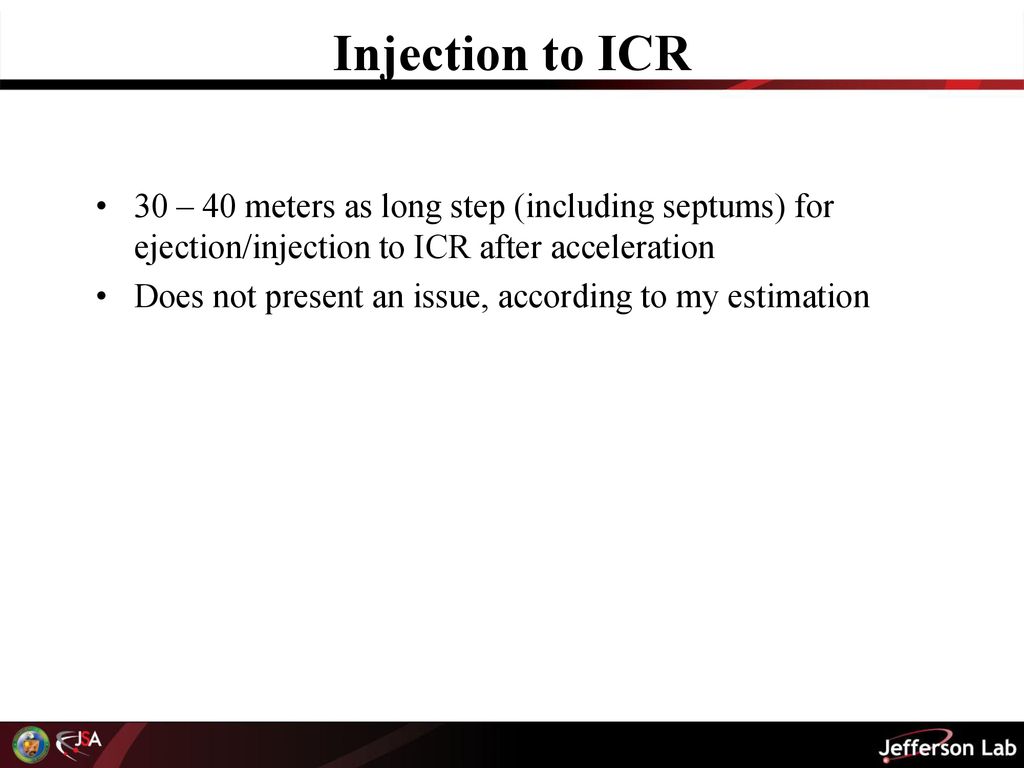 Injection to ICR 30 – 40 meters as long step (including septums) for ejection/injection to ICR after acceleration.