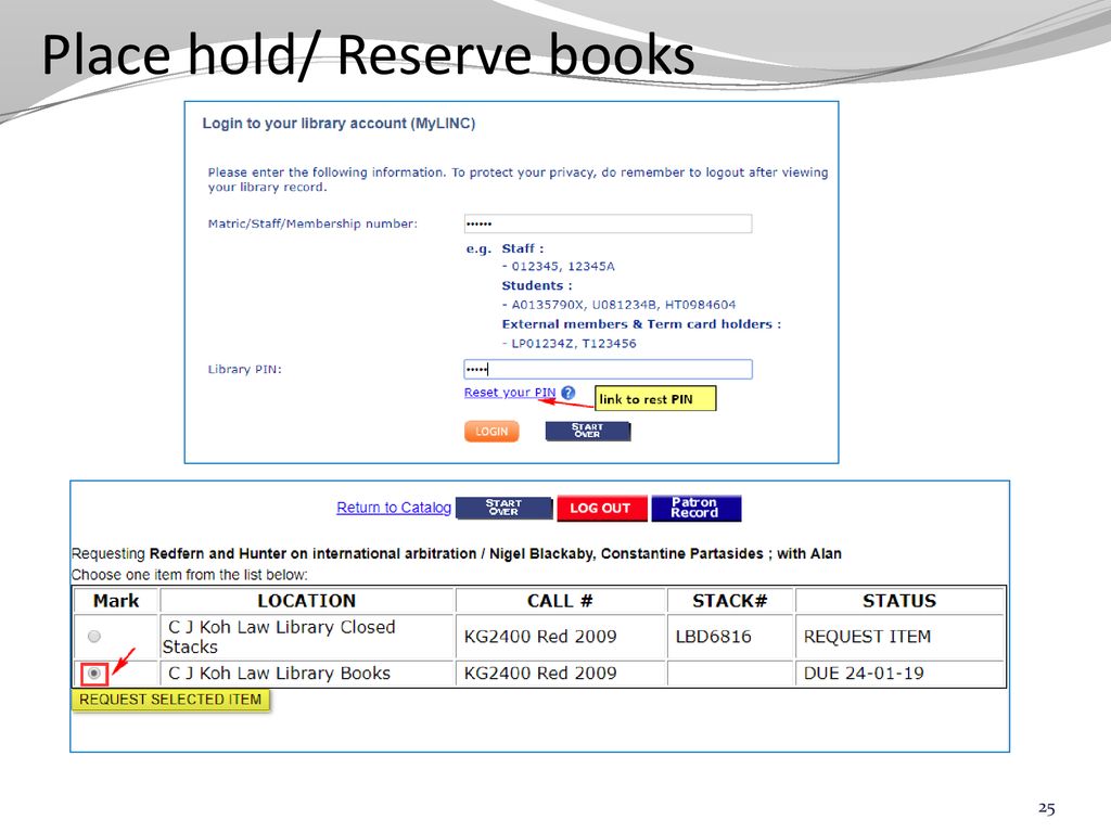 Place hold/ Reserve books
