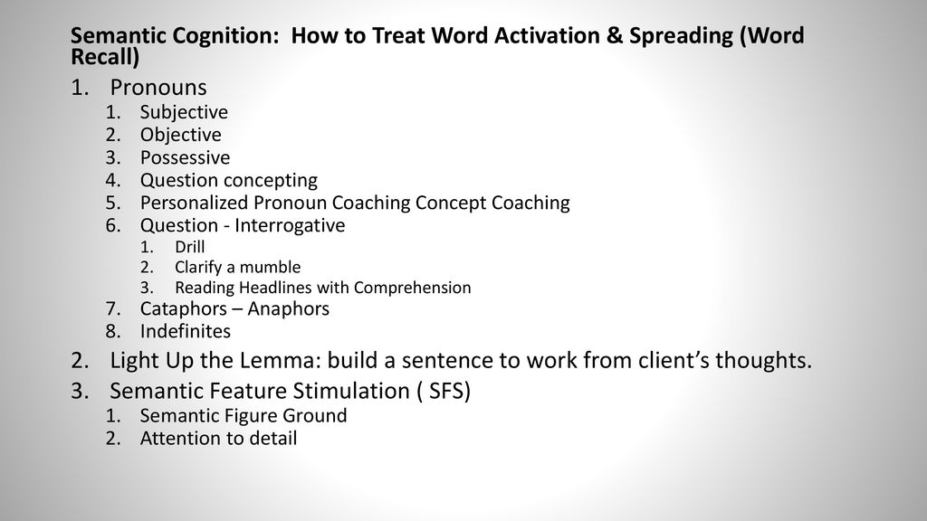Light Up the Lemma: build a sentence to work from client’s thoughts.