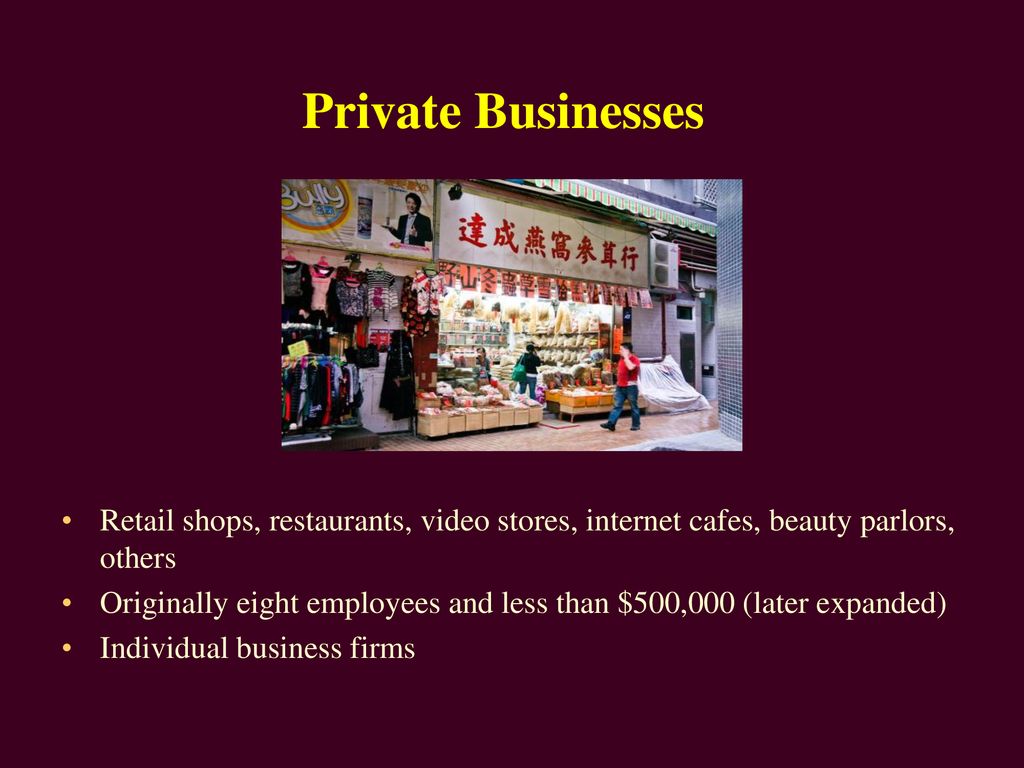 Private Businesses Retail shops, restaurants, video stores, internet cafes, beauty parlors, others.
