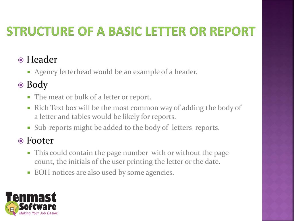 Structure of a basic letter or report
