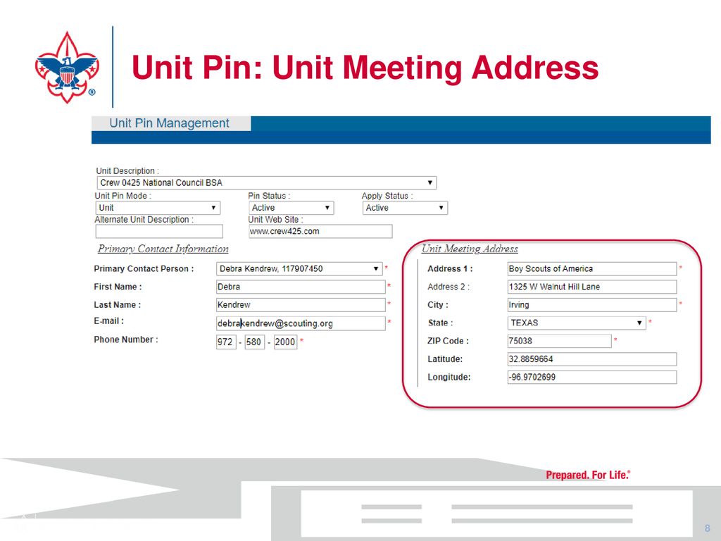 Unit Pin: Unit Meeting Address