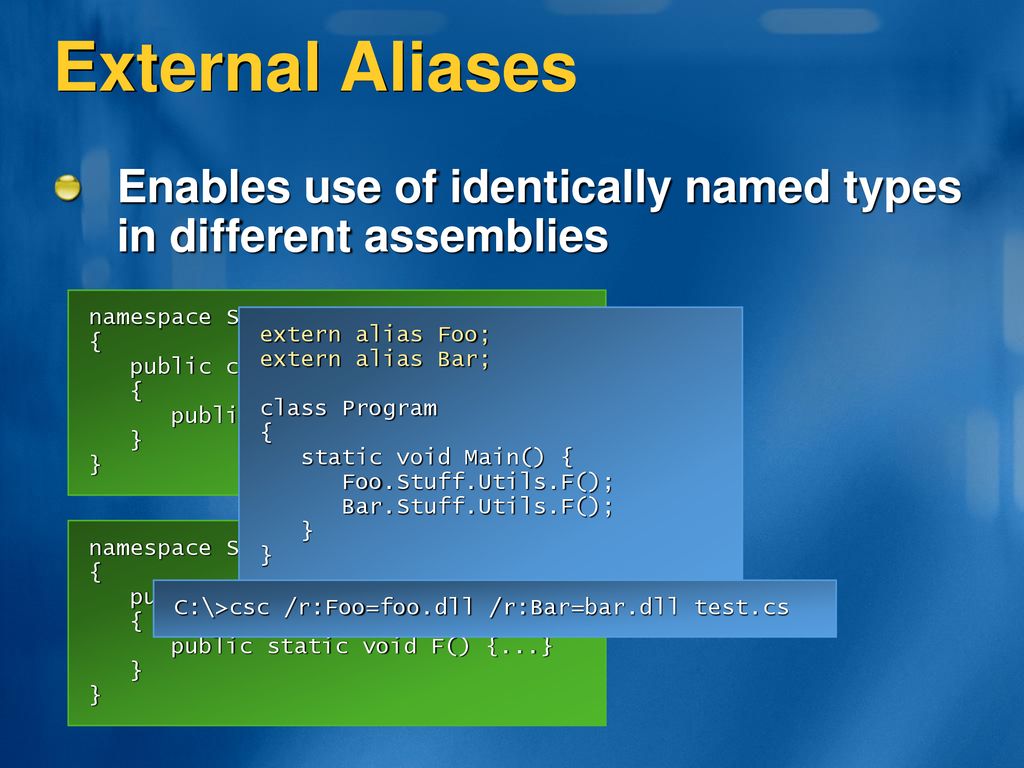12/1/2019 9:50 AM External Aliases. Enables use of identically named types in different assemblies.