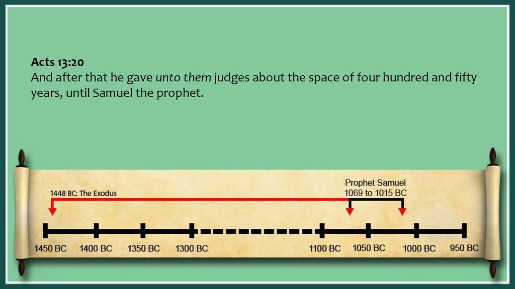 Acts 13:20 And after that he gave unto them judges about the space of four hundred and fifty years, until Samuel the prophet.